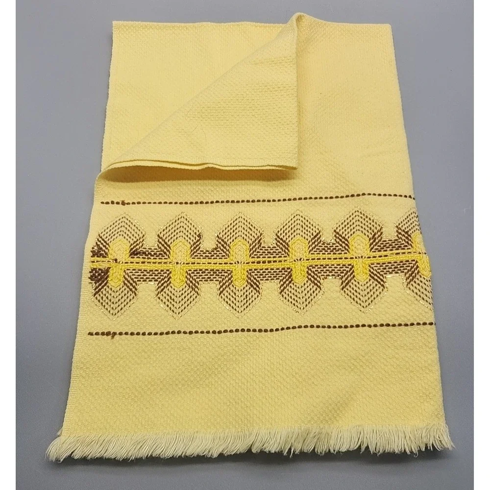 Vintage Yellow Brown Gold Swedish Huck Weave Kitchen Tea Towel Cotton 1970's